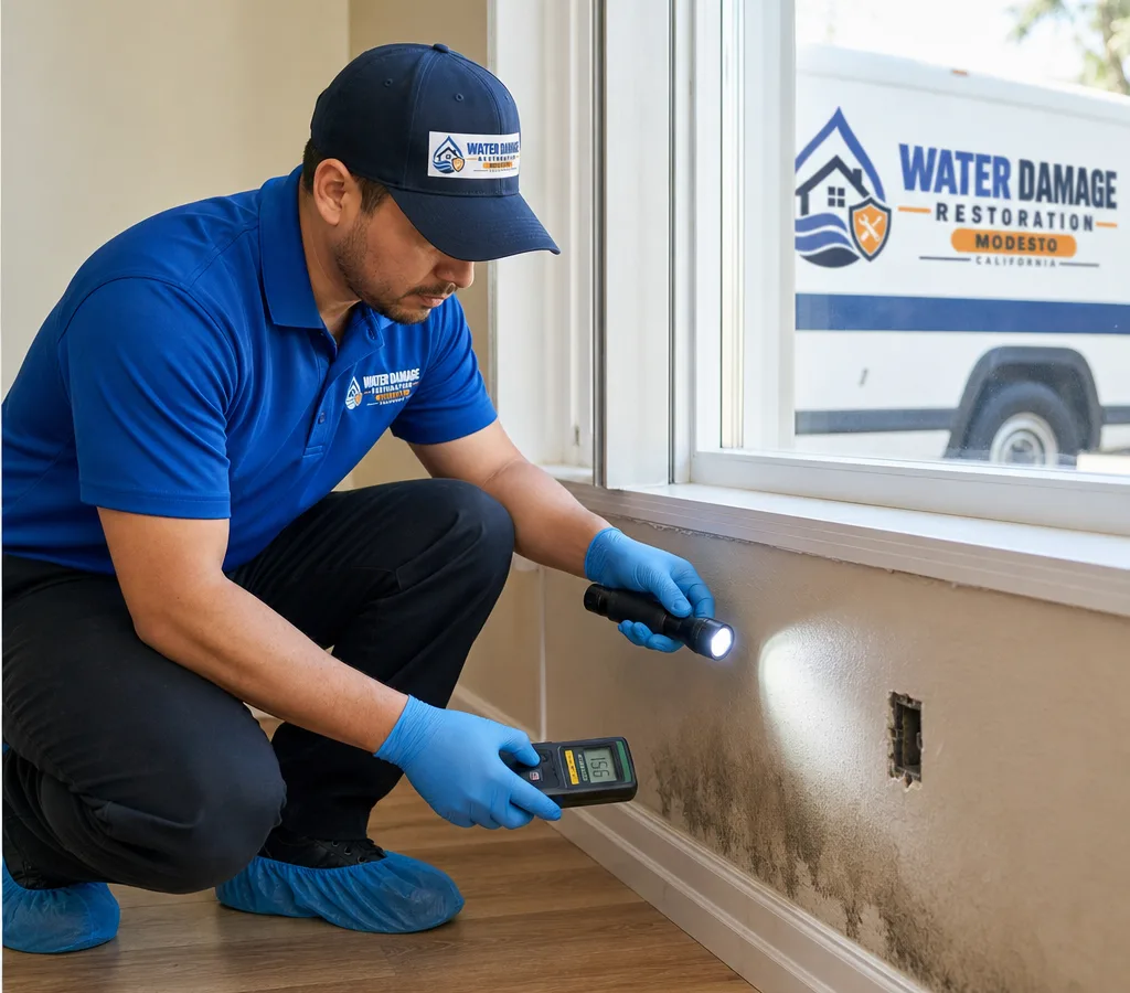 Inspector in PPE examining a Modesto residential interior near a window and baseboard with a flashlight and moisture meter